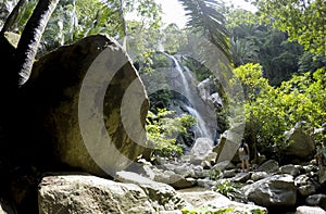 PUERTO VALLARTA MEXICO SEPTEMBER 11 ,2019:Waterfall in Yelapa, tropical beach tourists swimming under the waterfall during their