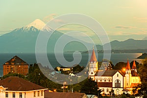 Puerto Varas at the shores of Lake Llanquihue with Osorno Volcano in the back