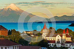 Puerto Varas at the shores of Lake Llanquihue with Osorno Volcano in the back photo