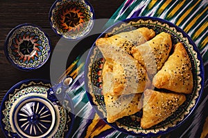 Puff pastries with meat samosa - traditional uzbek and indian pasrty.