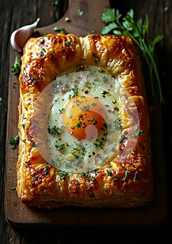 Puff pastry with egg in the middle. A picture of an egg in a pastry with garlic