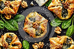 Puff pastry stuffed with spinach and Gorgonzola cheese on a dark background