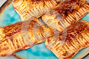 Puff pastry turnovers with cheese for dessert . Puff pastry with cheese on a plate