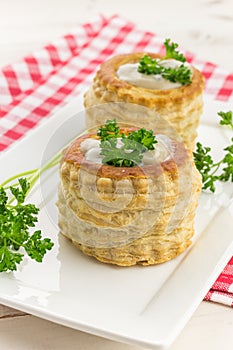 Puff pastry vol-au-vents filled with mushroom ragout