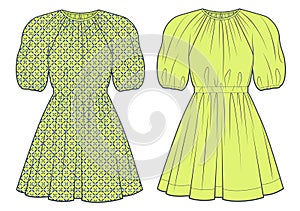 Puff Sleeve Dress technical fashion illustration. Mini Dress fashion flat technical drawing template, round neck, alastic waist