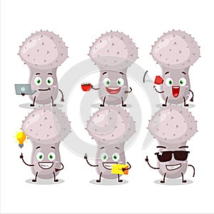 Puffball cartoon character with various types of business emoticons