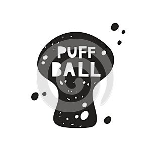 Puffball mushroom grunge sticker. Black texture silhouette with lettering inside. Imitation of stamp, print with scuffs