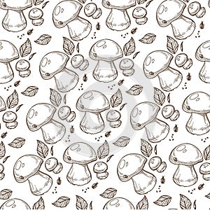 Puffball mushroom with leaves, mushrooming season seamless pattern