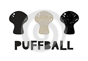 Puffball mushroom, silhouette icons set with lettering. Imitation of stamp, print with scuffs. Simple black shape and color vector