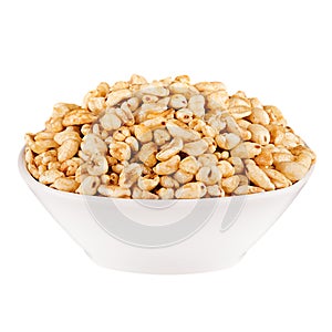 Puffed air rice wheat in bowl, isolated on white background.