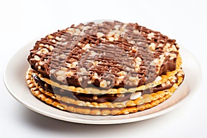 Puffed Rice Cake with Chocolate Isolated, Rice Diet Bread, Cereal Waffle, Cocoa Crackers on White