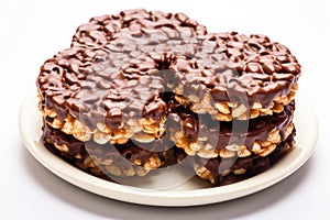 Puffed Rice Cake with Chocolate Isolated, Rice Diet Bread, Cereal Waffle, Cocoa Crackers on White