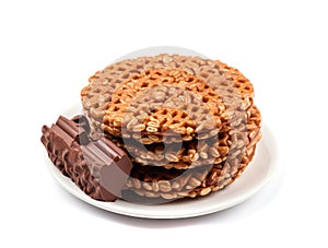 Puffed Rice Cake with Chocolate Isolated, Rice Diet Bread, Cereal Waffle, Cocoa Crackers on White