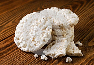 Puffed rice cakes close-up on a wooden background. Healthly food