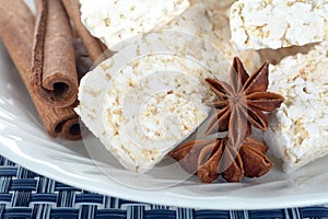 Puffed rice snack on rustic wooden table