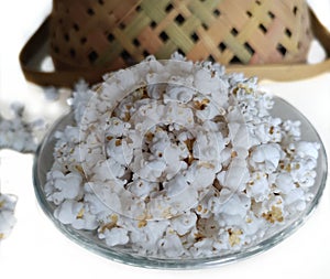 Puffed sorghum, jawar or lahya in a plate.