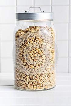 Puffed wheat covered with honey in jar. Cereal breakfast