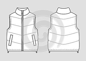 Puffer gilet. Vector technical sketch. Mockup template photo