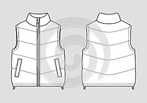 Puffer gilet. Vector technical sketch. Mockup template