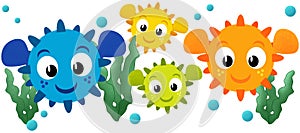 Pufferfish Family of Four with Two Parents and Two Kids Illustration Isolated on White with Clipping Path