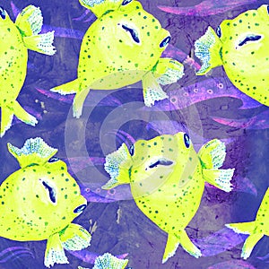 Pufferfish hand painted watercolor illustration, seamless pattern on blue, purple ocean surface with waves background