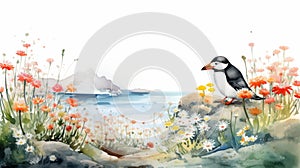 Watercolor Illustration Of Wild Flowers And Penguin On Rock photo
