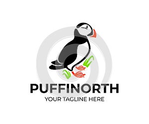 Puffin bird is sitting on grass and rock, logo design. Animal, wildlife, nature, atlantic puffin and puffin colony, vector design