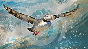 Puffin flying over the water with its wings outspread. AI Generated