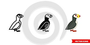 Puffin icon of 3 types color, black and white, outline. Isolated vector sign symbol