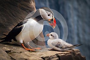 puffin parent feeding youngling on rocky cliffside