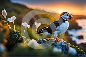 Puffin Perched on Rugged Coastline Rocks with Feather Texture in Sharp Focus, Distant Ocean Waves - Wildlife Photography
