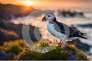 Puffin Perched on Rugged Coastline Rocks with Feather Texture in Sharp Focus, Distant Ocean Waves - Wildlife Photography