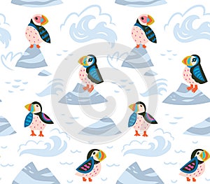 Puffins on the rocks seamless pattern