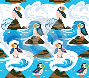 Puffins on the rocks seamless pattern