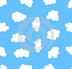 Puffy flat clouds pattern. Abstract cartoon white clouds isolated on the blue background set, whether concept. Vector