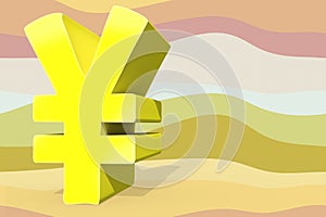 A puffy yellow yen sign on a placid striped background with blank space for text