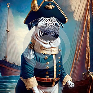 A pug in an admiral\'s suit and hat. in the background there is a sea, a sail and a warship