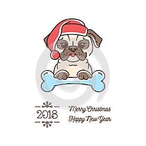 Pug Christmas, Year of the Dog 2018. Cute cartoon pug in the New Year hat, Vector line icon