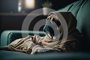 Pug dog in blanket is sitting on couch and looking at the camera. Generative AI