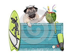 Pug dog with blue vintage wooden beach sign, surfboard and summer watermelon cocktail, isolated on white background