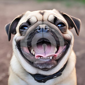 Pug dog breed laughs smiles, close-up portrait, funny photo