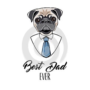 Pug dog dad. Fathers day greeting card. Mens shirt, Necktie. Best dad ever lettering. Vector.