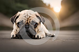 A pug dog on a dirt road with a green background