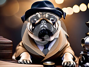 A pug dog dressed in a detective costume with a hat and trench coat, looking seriously at the camera, evoking a humorous, sleuth photo