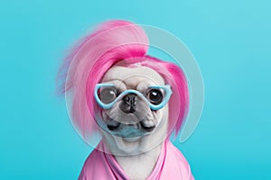 Pug dog in funny y2k outfit in pink and blue colors, pets in fashion clothes in studio. Humanlike animal funny character