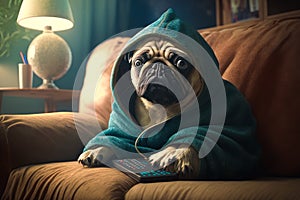 Pug dog in green robe sitting on couch with remote control. Generative AI