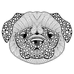 Pug dog head. Tattoo or adult antistress coloring page. Black and white hand drawn doodle for coloring book. Symbol of Chinese New