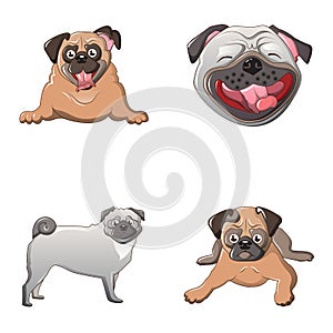 Pug dog icons set, cartoon style