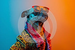 Pug Dog in Leopard Print and Red Sunglasses