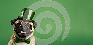 Pug dog in a leprechaun hat on a green background. St Patricks day pug puppy dog sitting down with green top